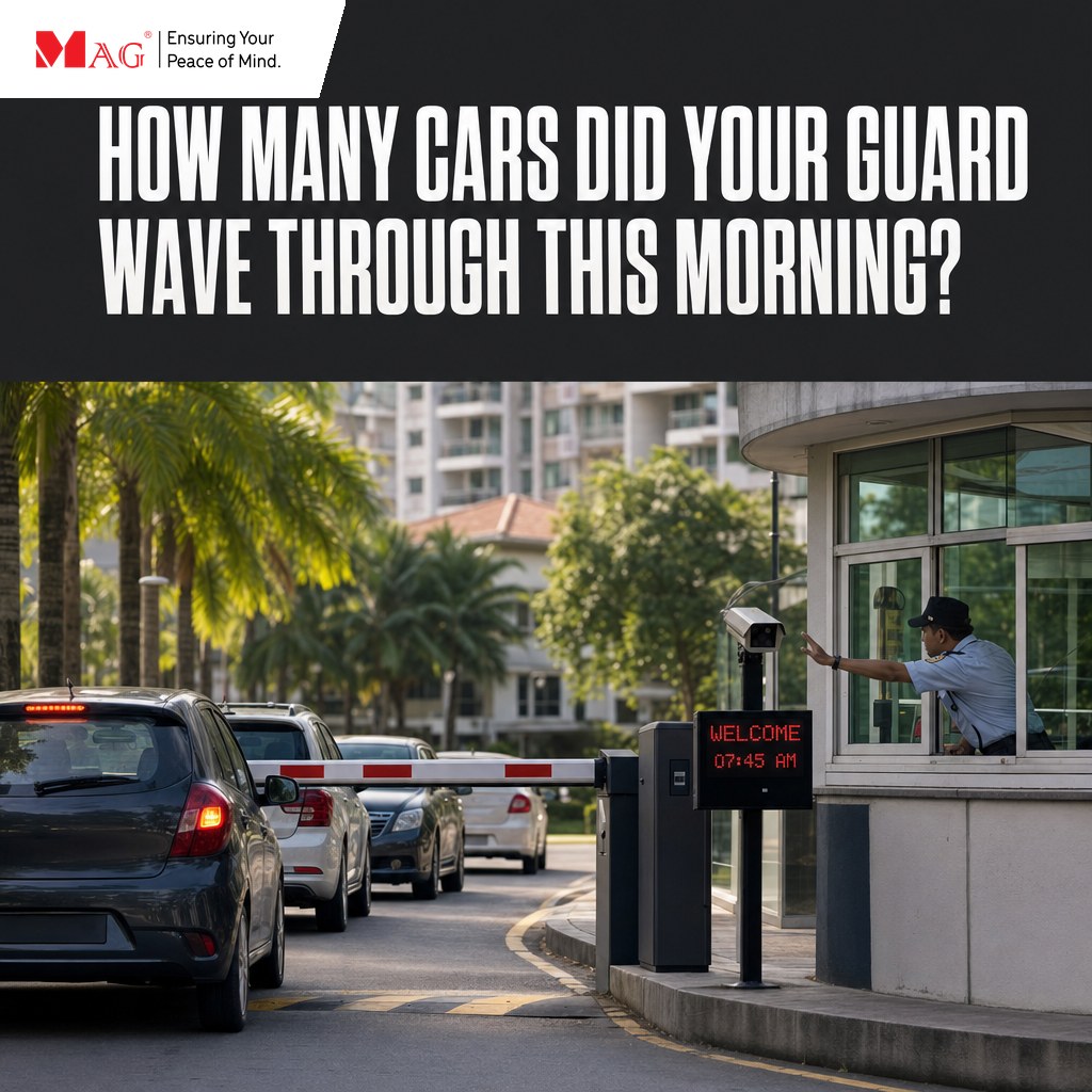 Guardhouse queue at peak hour, guard waving a car through manually